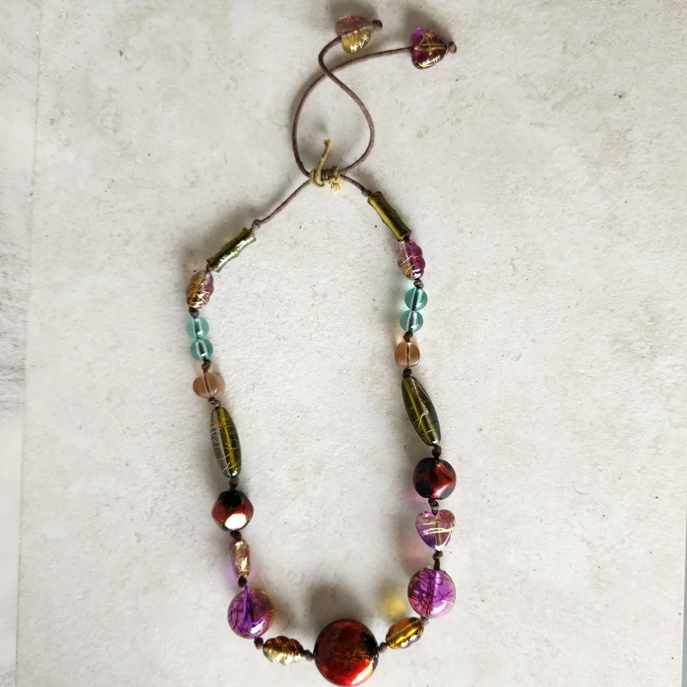 Handcrafted Artisan Art Glass Beaded Necklace Leather Cord Red Gold Purple Heart
